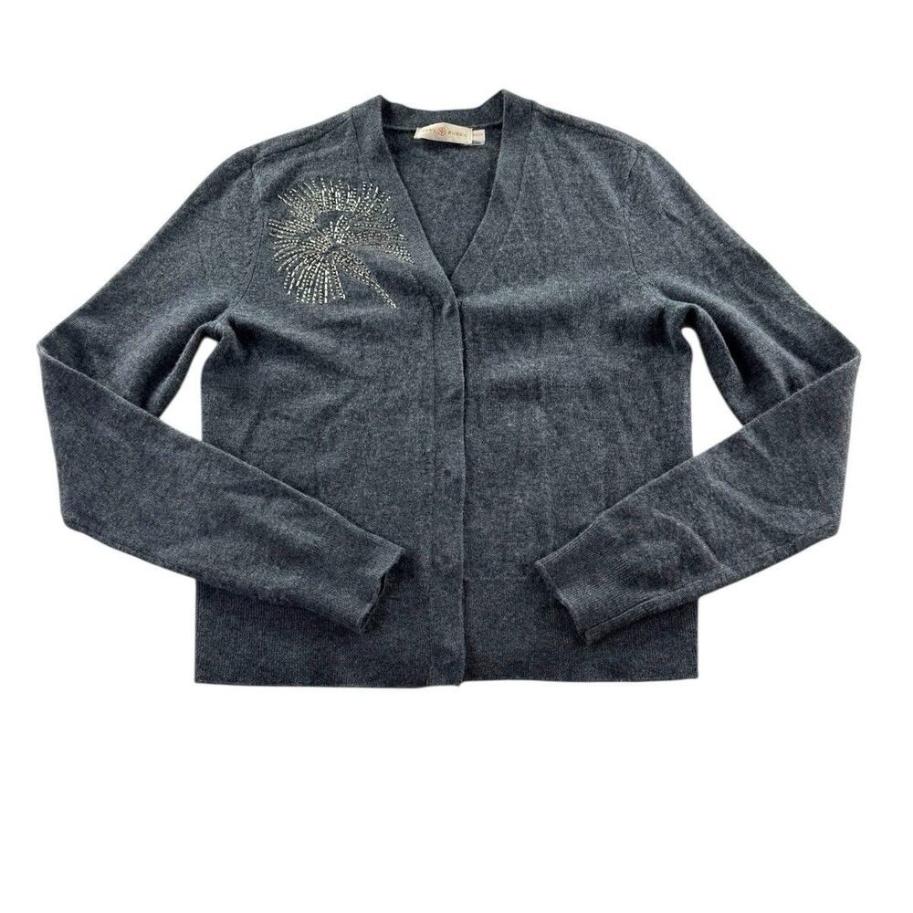 Tory Burch Simone Merino Wool Beaded Cardigan Womens XS Grey Embellished Buttons